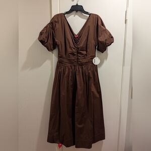 Staud Greta Puff Sleeve Midi Dress - Brown - SZ 8